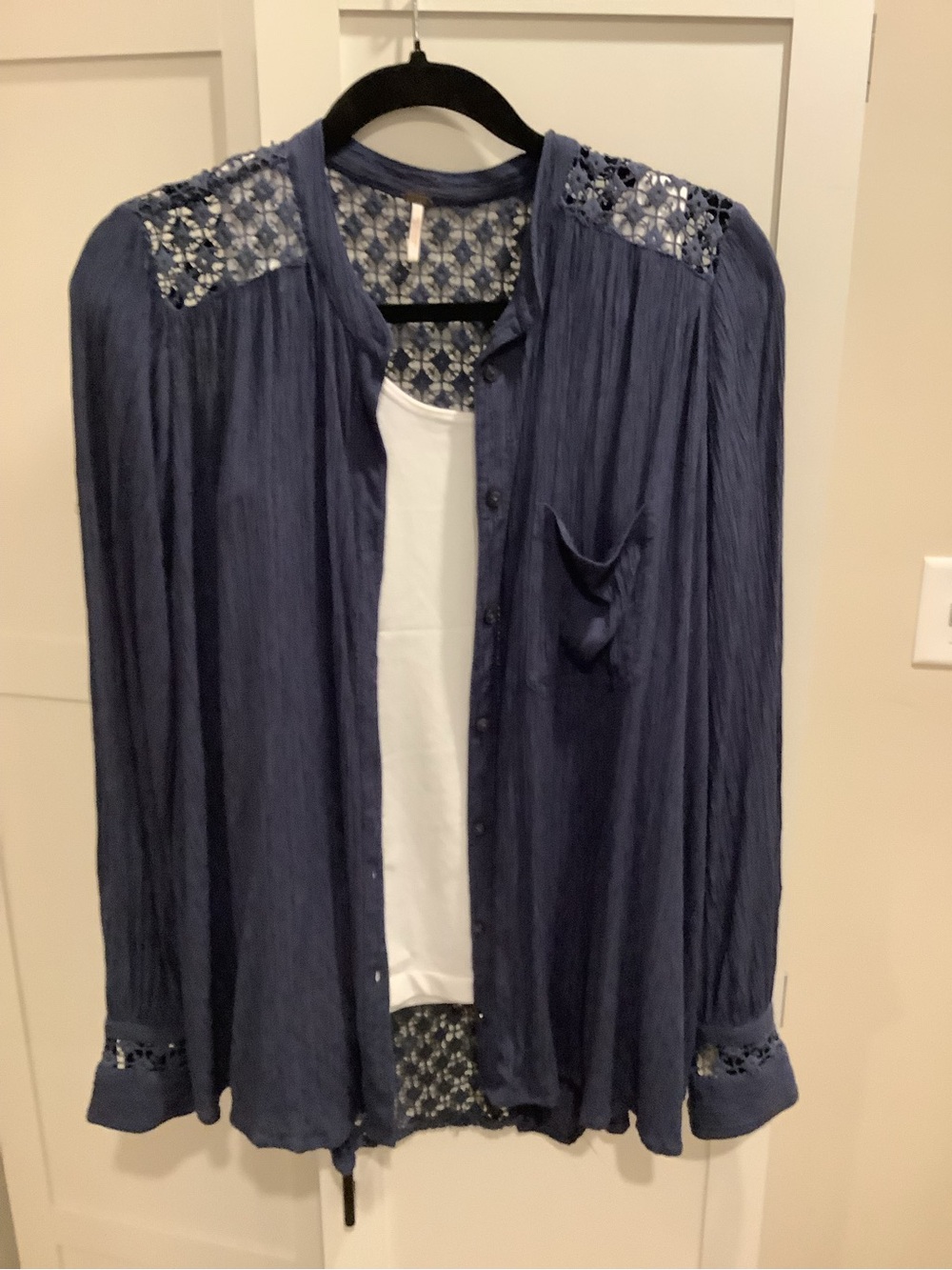 Free People Navy Blue Button-Down Shirt with Lace Insets